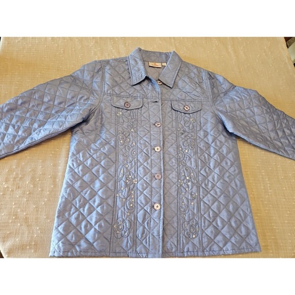 Quacker Factory Jacket Women L Blue Quilted Sequin Floral Embroidered Coastal - Picture 14 of 14